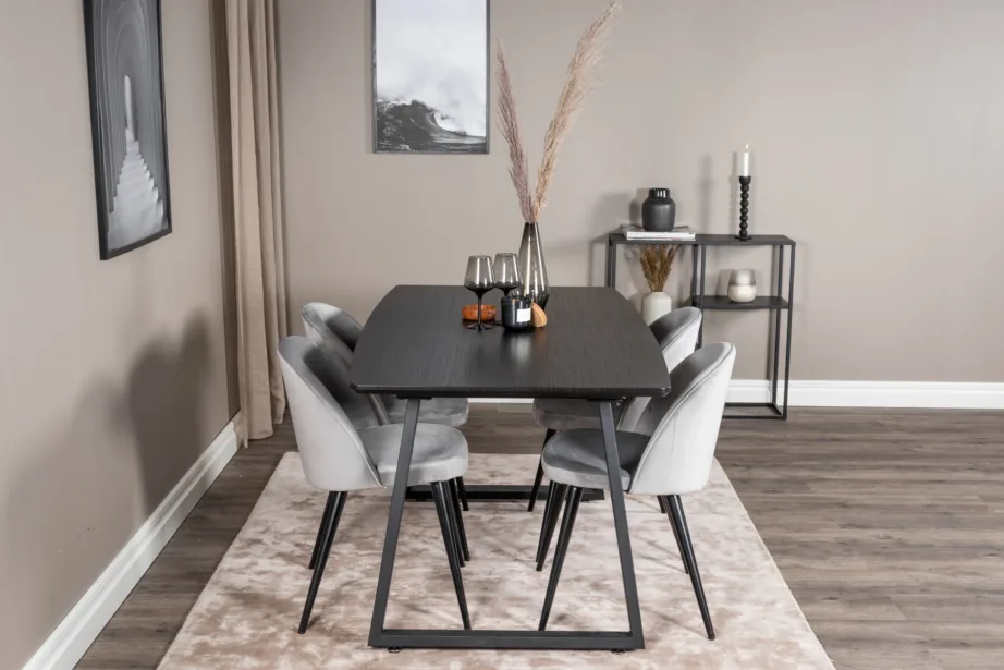 Inca laiendatav söögilauakomplekt (must, helehalli velvetkangaga toolid), GR20325 – 5