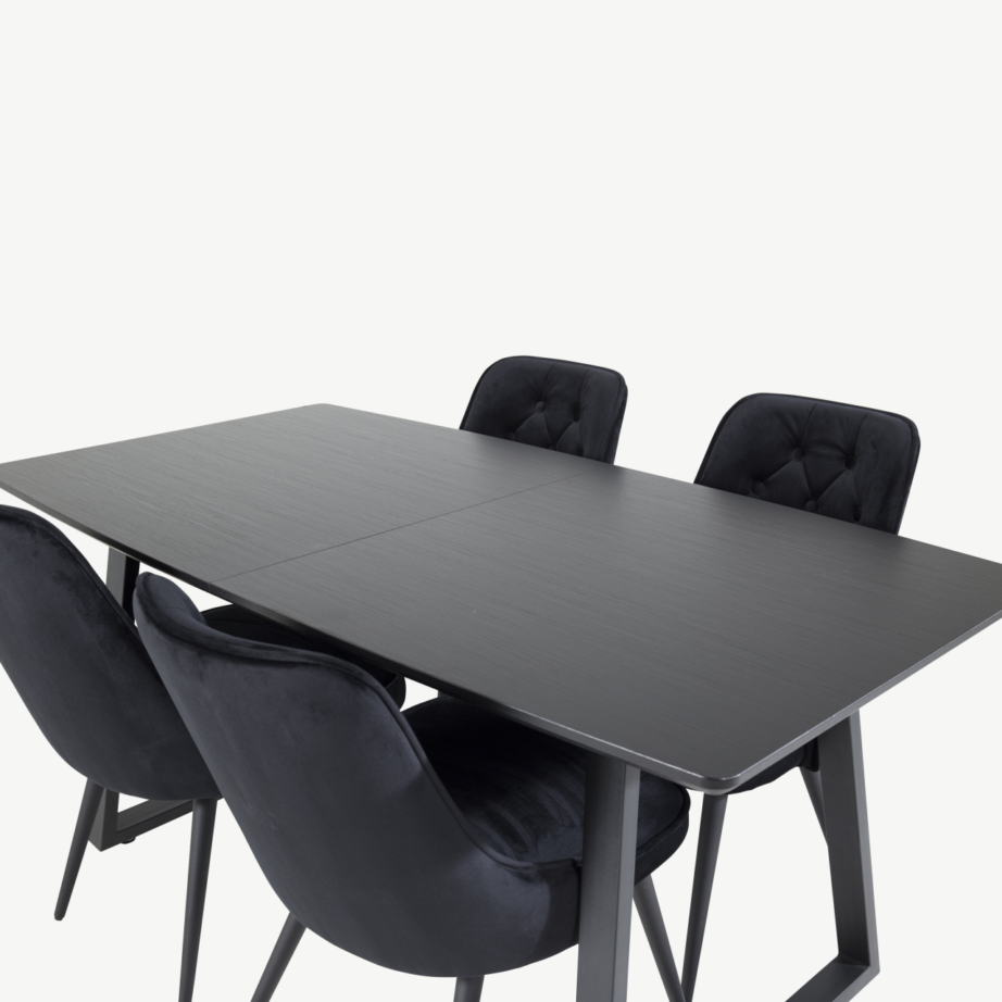 Ristkülikukujuline söögilauakomplekt Inca musta laua ja mustade velvetist toolidega, GR20334 – 4