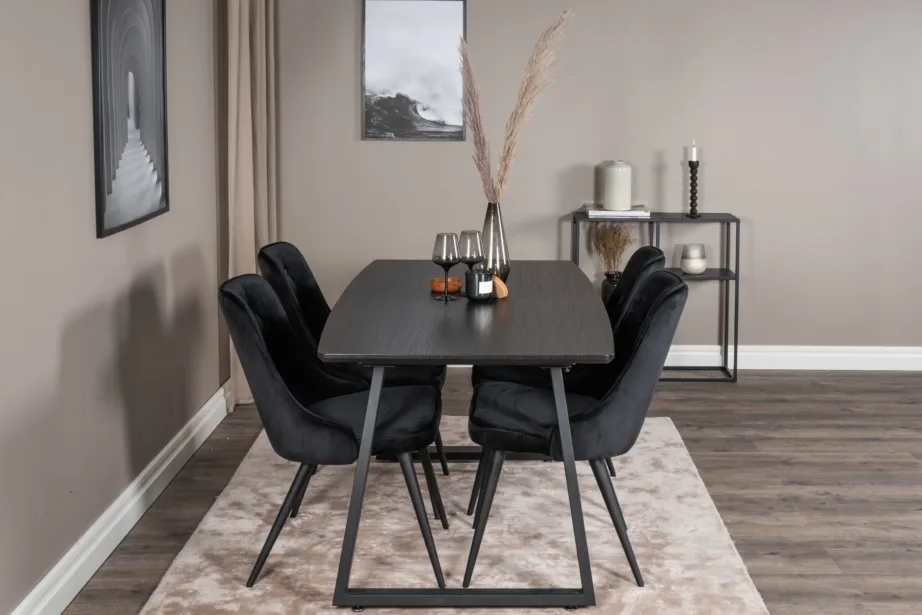 Ristkülikukujuline söögilauakomplekt Inca musta laua ja mustade velvetist toolidega, GR20334 – 5