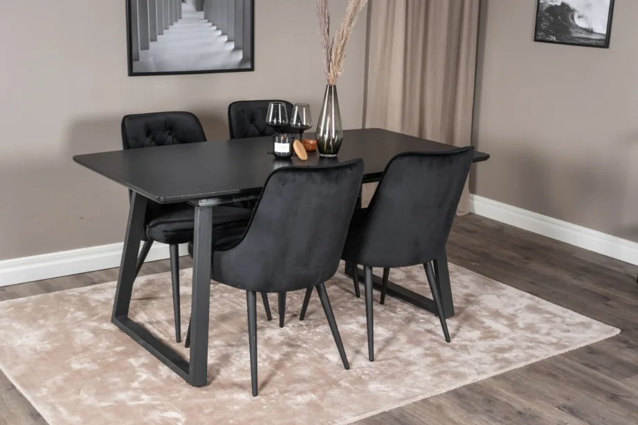 Ristkülikukujuline söögilauakomplekt Inca musta laua ja mustade velvetist toolidega, GR20334 – 6