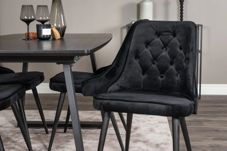 Ristkülikukujuline söögilauakomplekt Inca musta laua ja mustade velvetist toolidega, GR20334 – 7