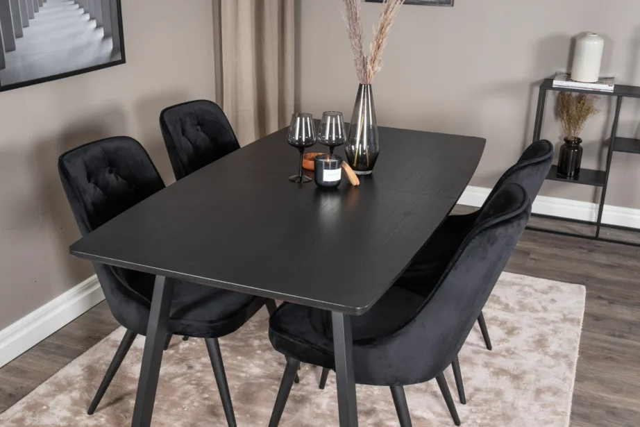 Ristkülikukujuline söögilauakomplekt Inca musta laua ja mustade velvetist toolidega, GR20334 – 8