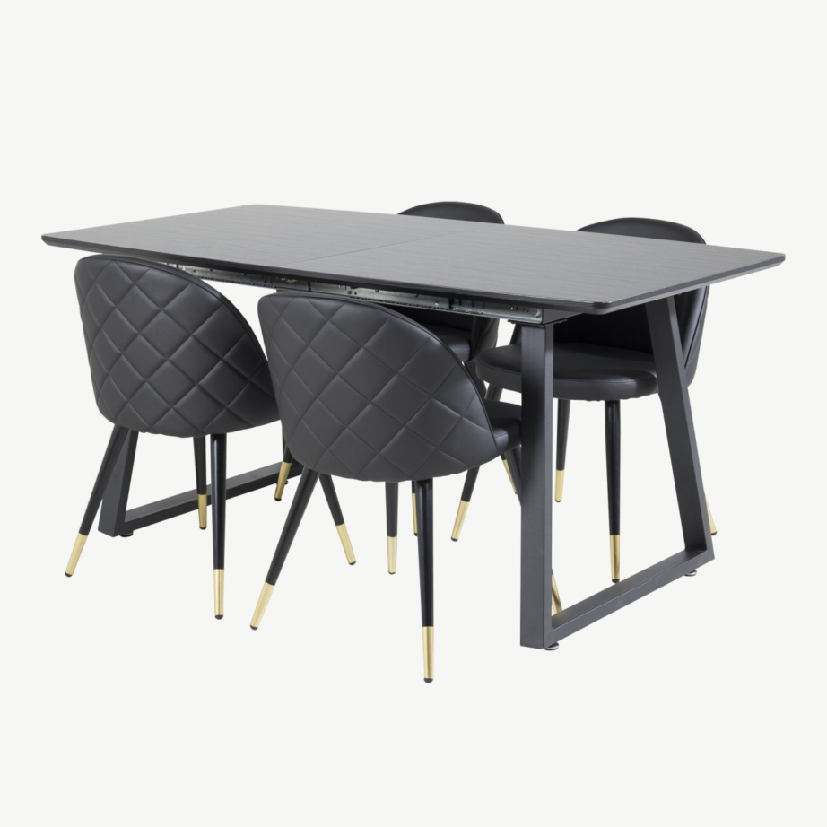 Ristkülikukujuline must söögikomplekt Inca – MDF-laud ja mustad kunstnahast toolid kuldsete detailidega, GR20336