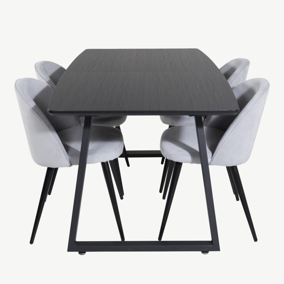 Ristkülikukujuline söögilauakomplekt Inca musta lauaplaadi ja helehallide velvettoolidega, GR20340 – 2