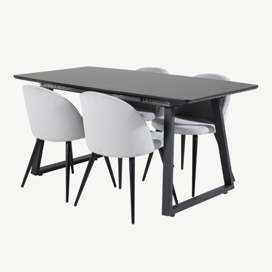 Ristkülikukujuline söögilauakomplekt Inca musta lauaplaadi ja helehallide velvettoolidega, GR20340