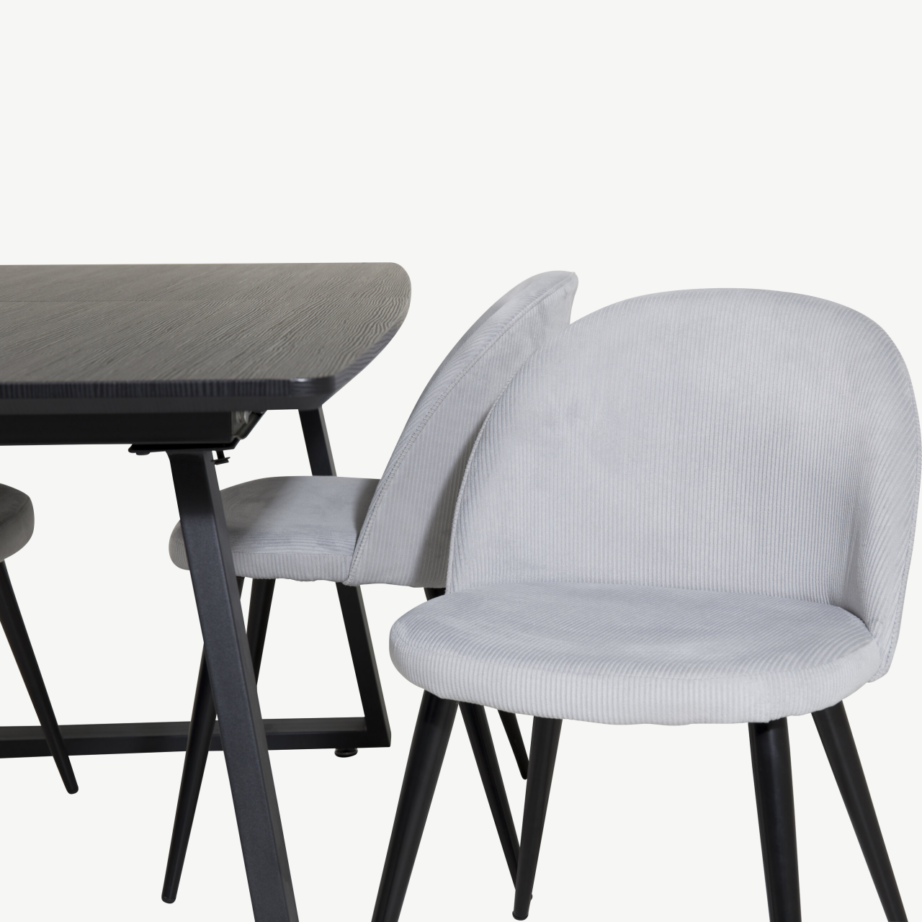 Ristkülikukujuline söögilauakomplekt Inca musta lauaplaadi ja helehallide velvettoolidega, GR20340 – 3