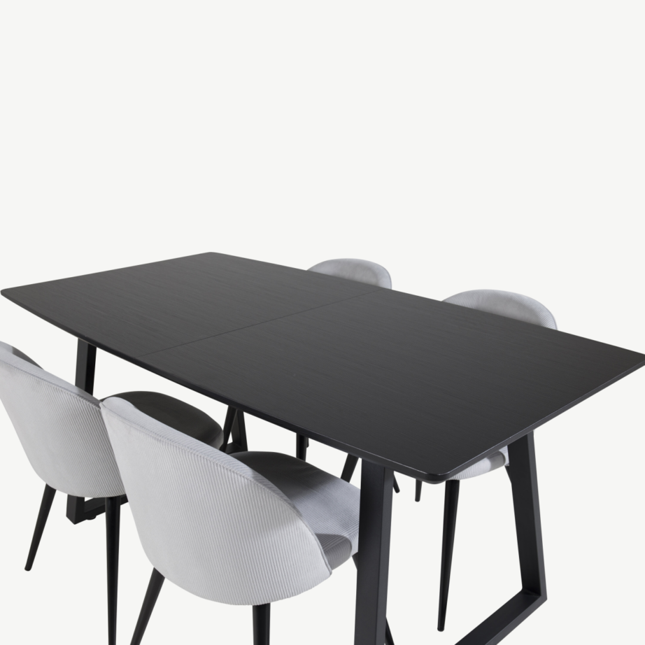 Ristkülikukujuline söögilauakomplekt Inca musta lauaplaadi ja helehallide velvettoolidega, GR20340 – 4