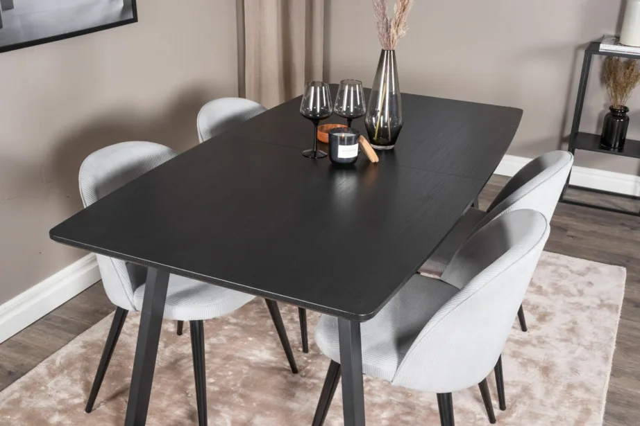 Ristkülikukujuline söögilauakomplekt Inca musta lauaplaadi ja helehallide velvettoolidega, GR20340 – 8