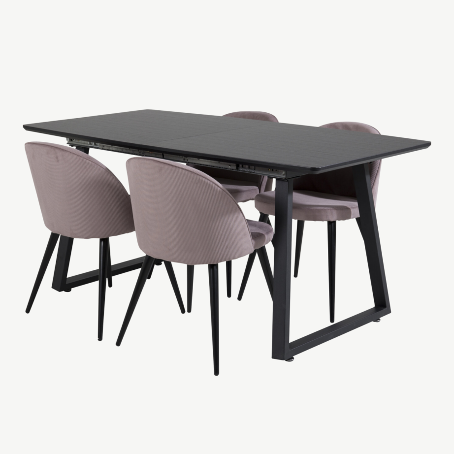 Ristkülikukujuline söögilaud Inca musta värvi, tolmuroosade Velvet-toolidega, 4-kohaline, GR20352