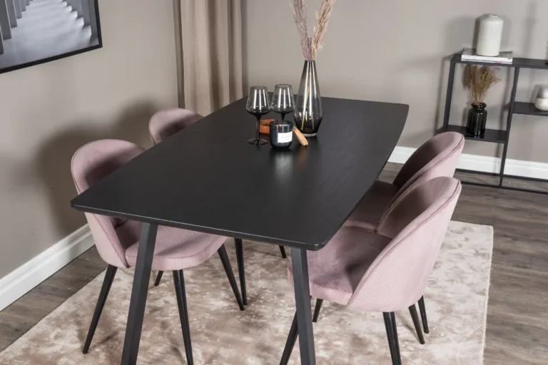 Ristkülikukujuline söögilaud Inca musta värvi, tolmuroosade Velvet-toolidega, 4-kohaline - GR20352