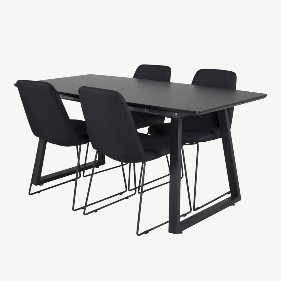 Pikendatav söögilaud Inca musta lauaplaadiga ja Muce söögitoolidega (must kangas, metalljalad), GR20356