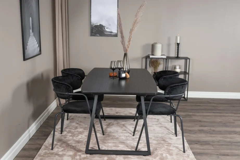 Must ristkülikukujuline söögilauakomplekt Inca (laud ja Arrow sametist toolid, metalljalgadega), GR20359 – 5