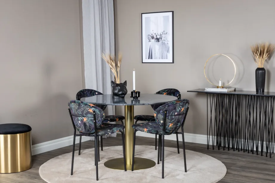 Estelle ümmargune marmorlauaga söögikomplekt neljale, mustriga polsterdatud toolidega, GR20431 – 4