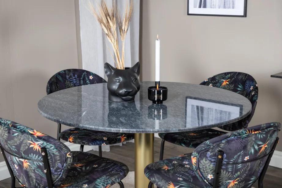 Estelle ümmargune marmorlauaga söögikomplekt neljale, mustriga polsterdatud toolidega, GR20431 – 6