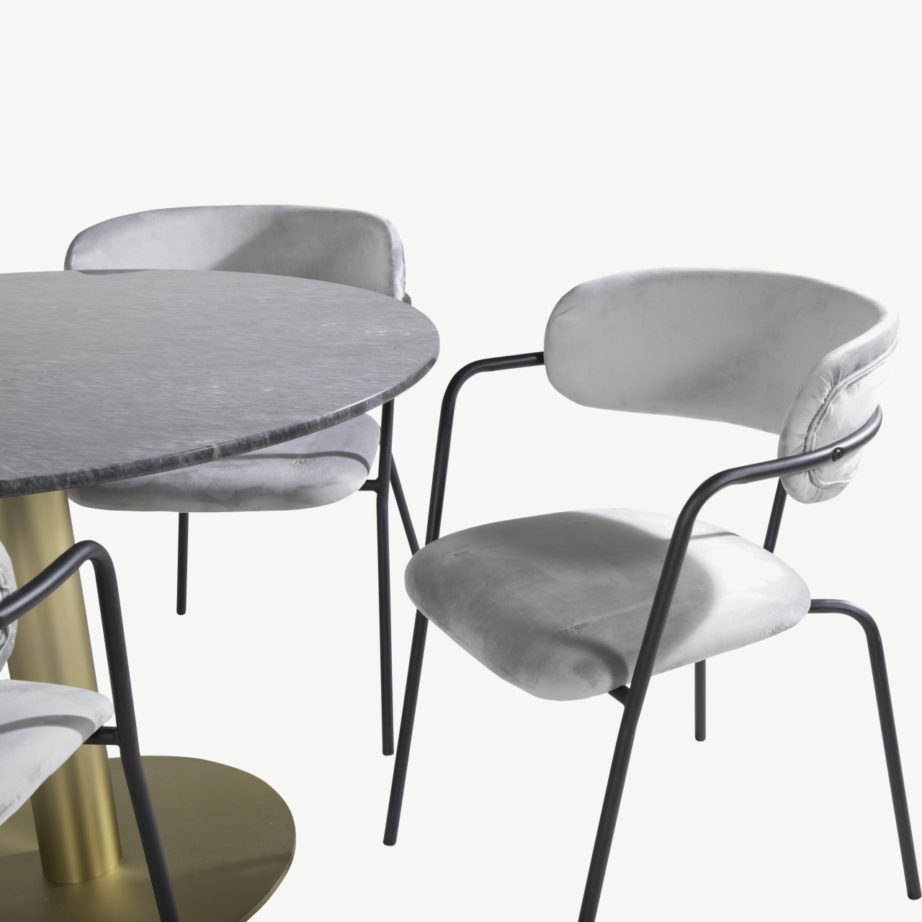 Estelle ümmargune marmorlauaga söögikomplekt, hallid sametist toolid ja must-kuldne jalg, GR20432 – 2