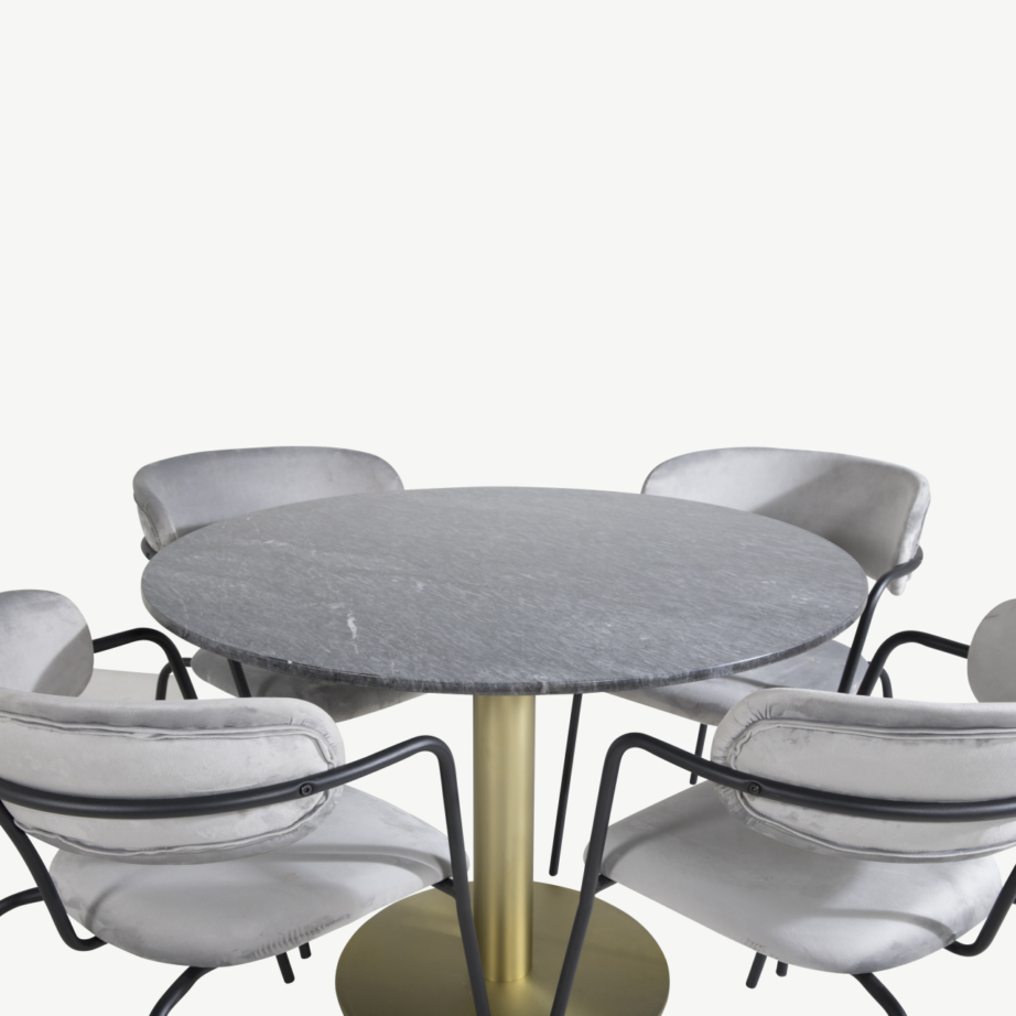 Estelle ümmargune marmorlauaga söögikomplekt, hallid sametist toolid ja must-kuldne jalg, GR20432 – 3