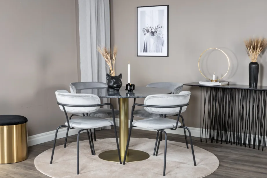 Estelle ümmargune marmorlauaga söögikomplekt, hallid sametist toolid ja must-kuldne jalg, GR20432 – 4