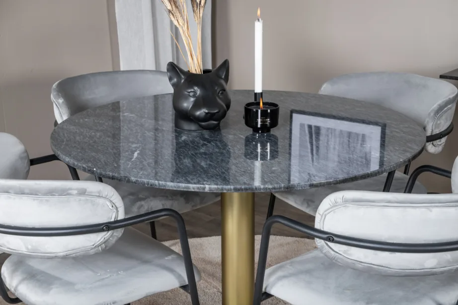 Estelle ümmargune marmorlauaga söögikomplekt, hallid sametist toolid ja must-kuldne jalg, GR20432 – 6