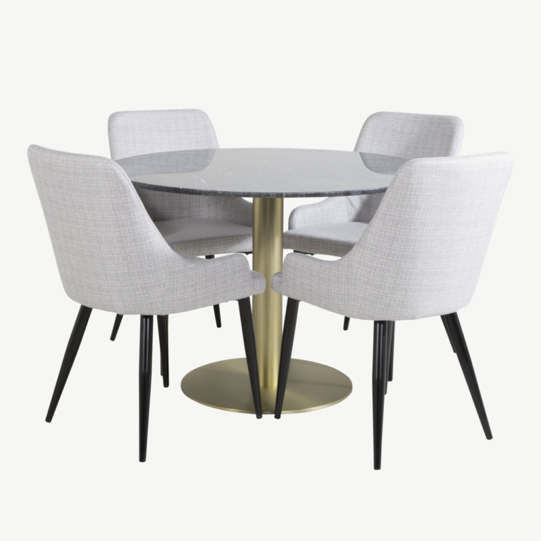 Estelle ümmargune marmorist söögilaud ja 4 halli söögitooli Plaza (kuldne jalg, ø106 cm) - GR20433