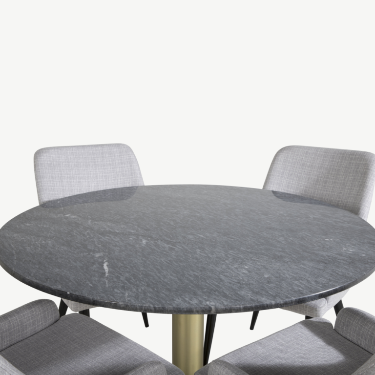 Estelle ümmargune marmorist söögilaud ja 4 halli söögitooli Plaza (kuldne jalg, ø106 cm) - GR20433