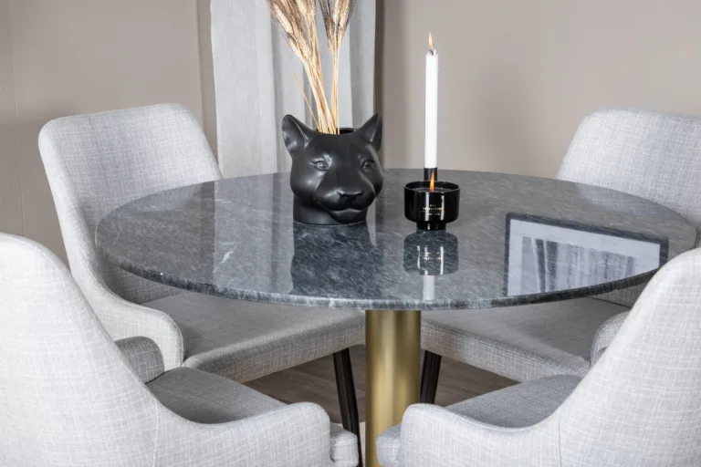 Estelle ümmargune marmorist söögilaud ja 4 halli söögitooli Plaza (kuldne jalg, ø106 cm) - GR20433
