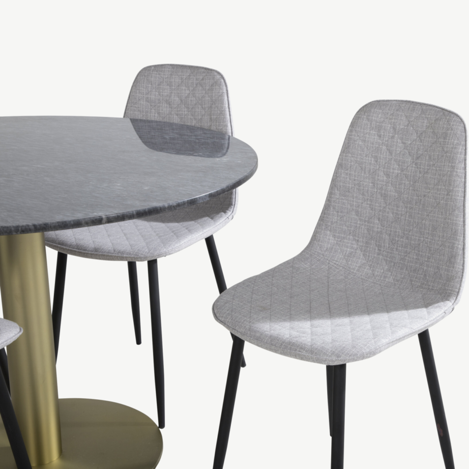 Estelle ümmargune marmorist söögilauakomplekt kuldsete terasjalgade ja 4 halli tooliga, GR20435 – 2