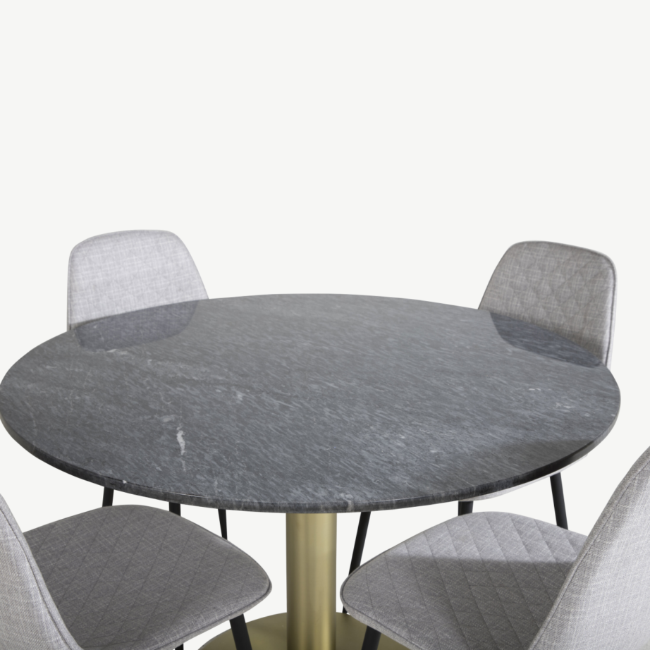 Estelle ümmargune marmorist söögilauakomplekt kuldsete terasjalgade ja 4 halli tooliga, GR20435 – 3