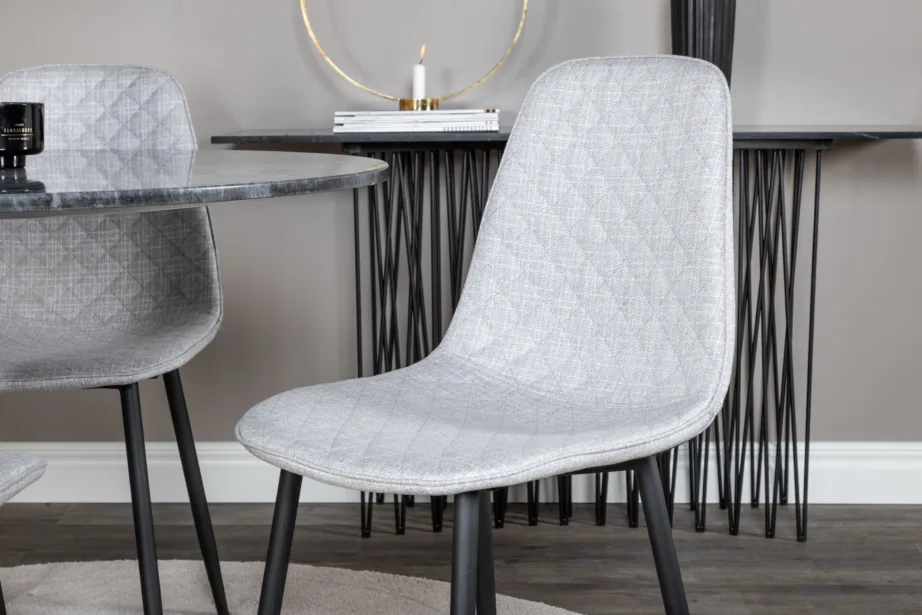 Estelle ümmargune marmorist söögilauakomplekt kuldsete terasjalgade ja 4 halli tooliga, GR20435 – 5