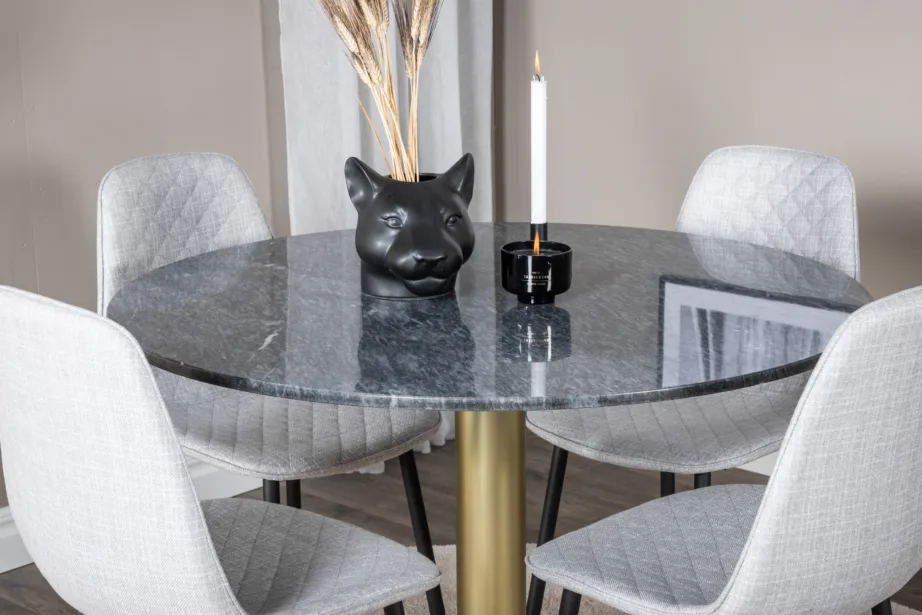 Estelle ümmargune marmorist söögilauakomplekt kuldsete terasjalgade ja 4 halli tooliga, GR20435 – 6