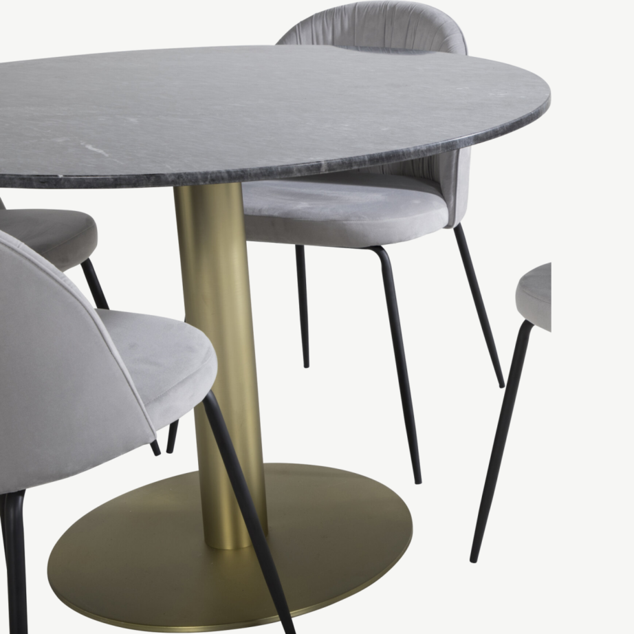 Estelle ümmargune marmorlauaga söögikomplekt hallide samettoolidega, must-kuldse jalaga (Ø106 cm), GR20446 – 2