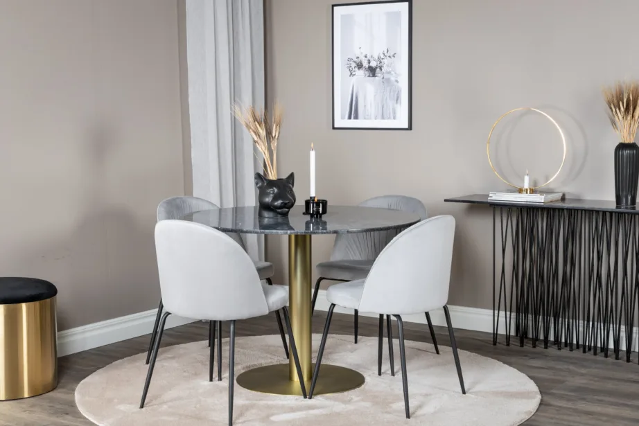 Estelle ümmargune marmorlauaga söögikomplekt hallide samettoolidega, must-kuldse jalaga (Ø106 cm), GR20446 – 4