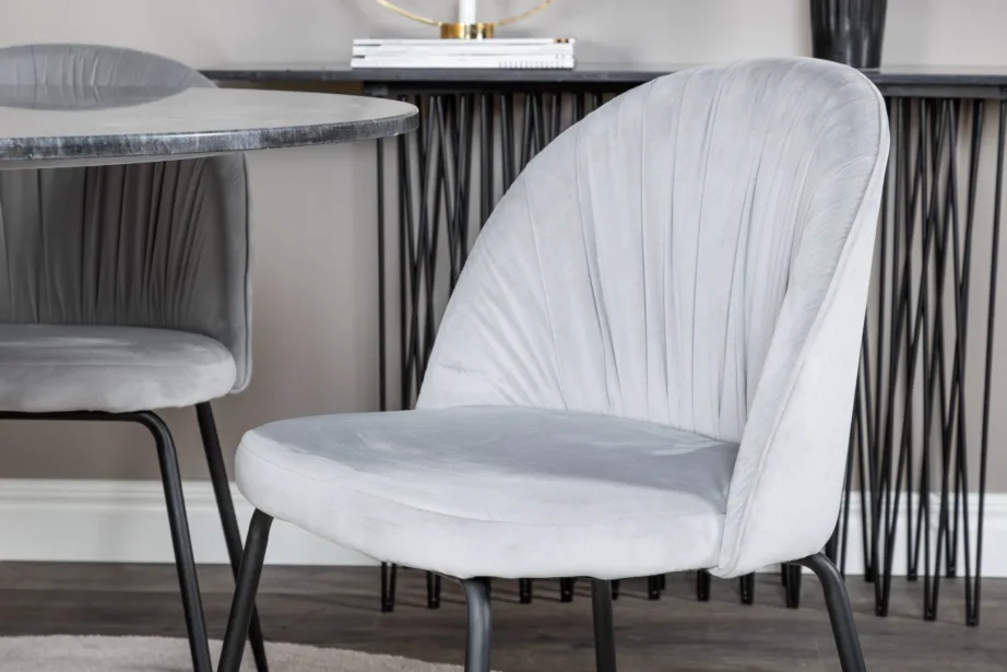 Estelle ümmargune marmorlauaga söögikomplekt hallide samettoolidega, must-kuldse jalaga (Ø106 cm), GR20446 – 5