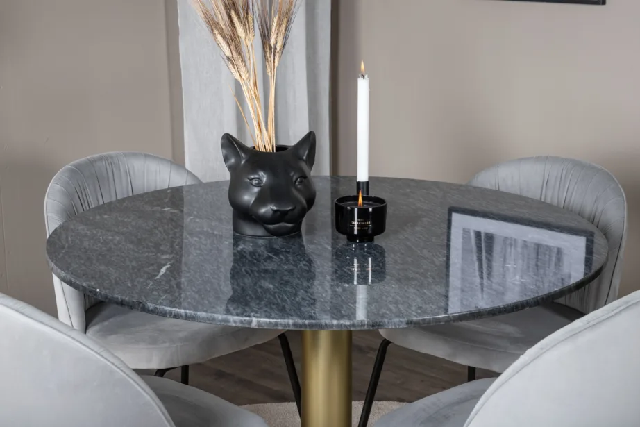 Estelle ümmargune marmorlauaga söögikomplekt hallide samettoolidega, must-kuldse jalaga (Ø106 cm), GR20446 – 6