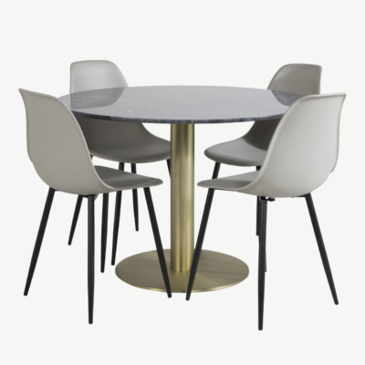 Estelle ümmarguse marmorlauaga söögikomplekt, 4 halli plastiktooli ja kuldse jalaga - GR20447