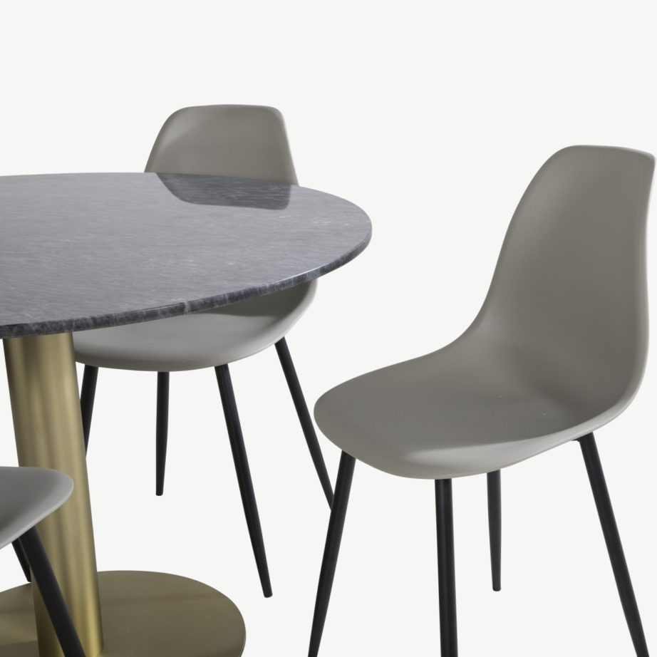 Estelle ümmarguse marmorlauaga söögikomplekt, 4 halli plastiktooli ja kuldse jalaga, GR20447 – 2