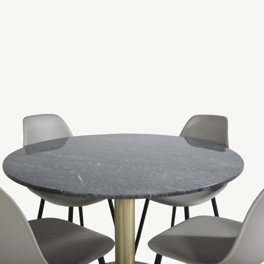Estelle ümmarguse marmorlauaga söögikomplekt, 4 halli plastiktooli ja kuldse jalaga, GR20447 – 3