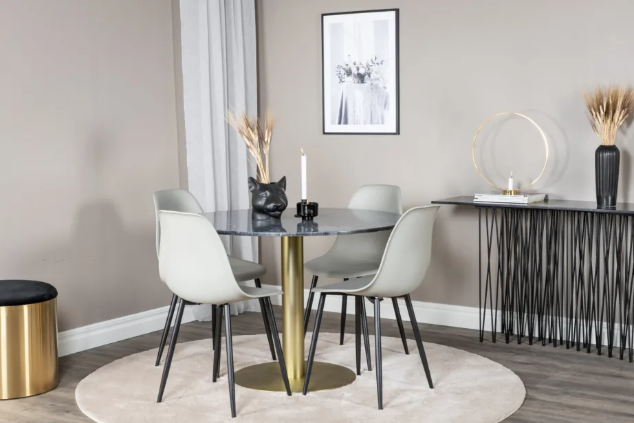 Estelle ümmarguse marmorlauaga söögikomplekt, 4 halli plastiktooli ja kuldse jalaga, GR20447 – 4
