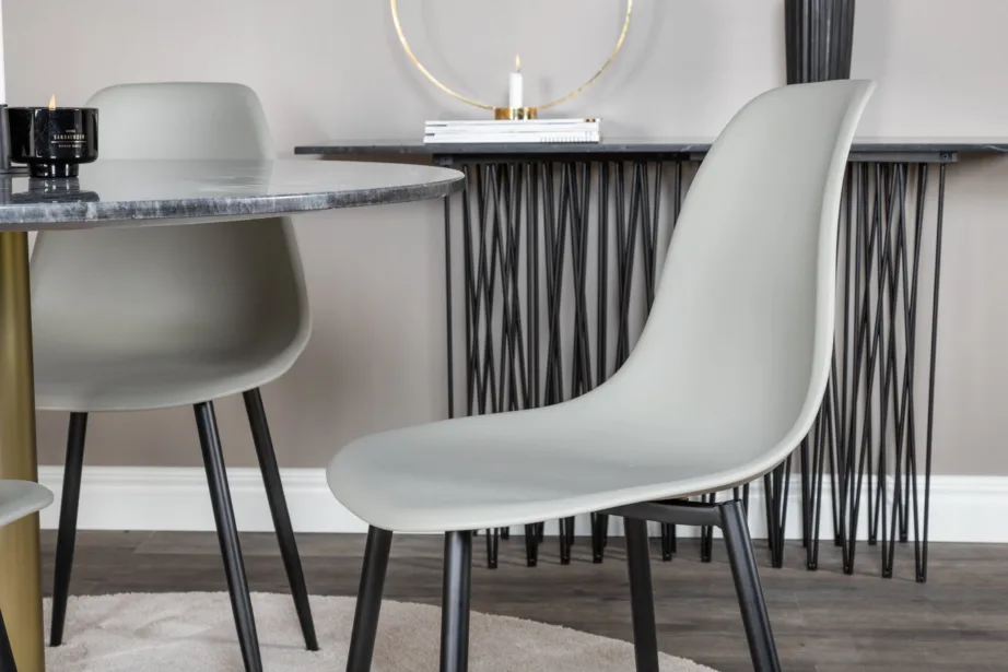 Estelle ümmarguse marmorlauaga söögikomplekt, 4 halli plastiktooli ja kuldse jalaga, GR20447 – 5