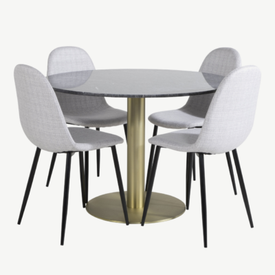 Ümmargune marmorist söögilaua komplekt Estelle kuldse jalaga ja neli helehalli Polar tooli - GR20450