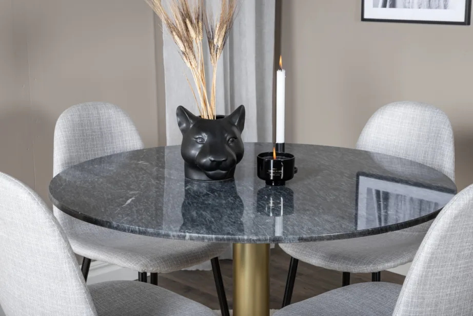 Ümmargune marmorist söögilaua komplekt Estelle kuldse jalaga ja neli helehalli Polar tooli, GR20450 – 5