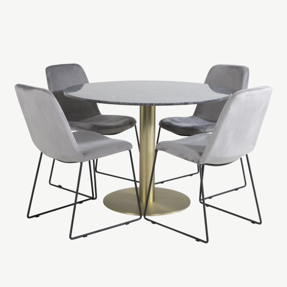 Estelle ümmargune marmorist söögilaud kuldse jalaga ja hallid sametist toolid, GR20451