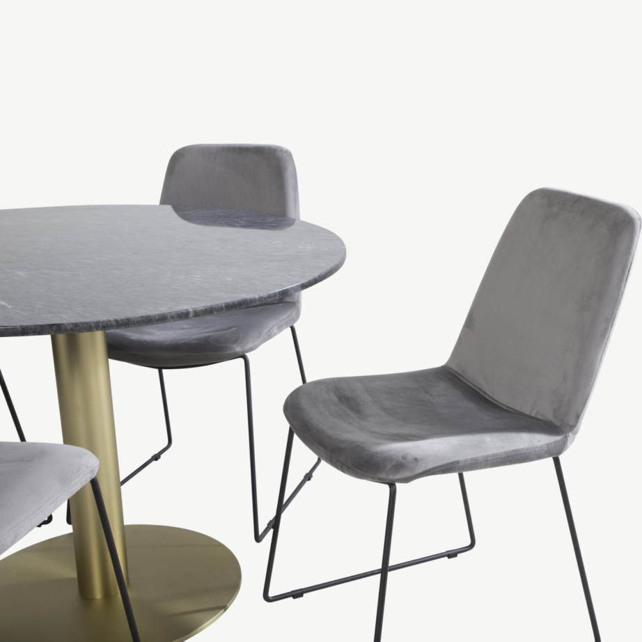 Estelle ümmargune marmorist söögilaud kuldse jalaga ja hallid sametist toolid, GR20451 – 2