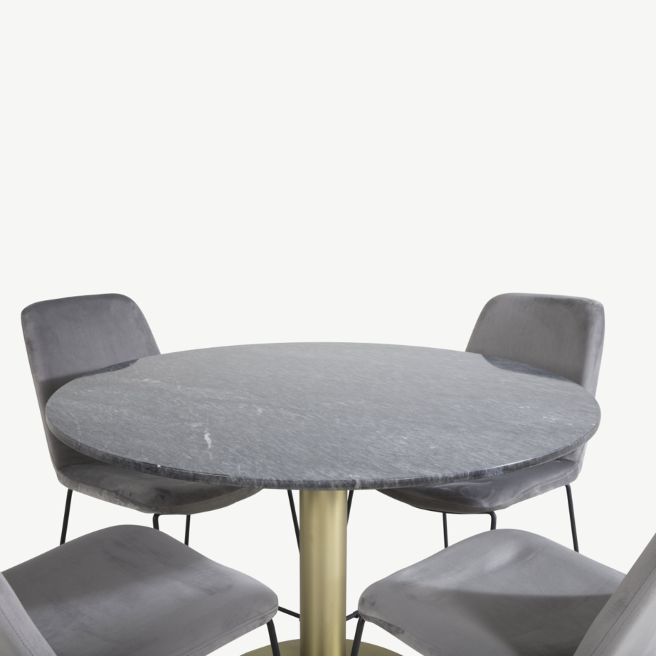 Estelle ümmargune marmorist söögilaud kuldse jalaga ja hallid sametist toolid, GR20451 – 3