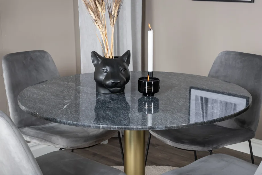 Estelle ümmargune marmorist söögilaud kuldse jalaga ja hallid sametist toolid, GR20451 – 6