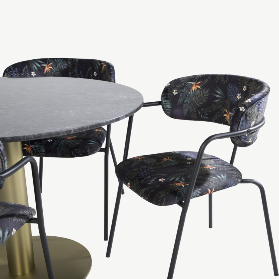 Estelle ümmarguse marmorlauaga söögilaud ja Arrow lillemustrilised toolid (komplekt 4 tk, tumehall/kuldne), GR20452 – 2