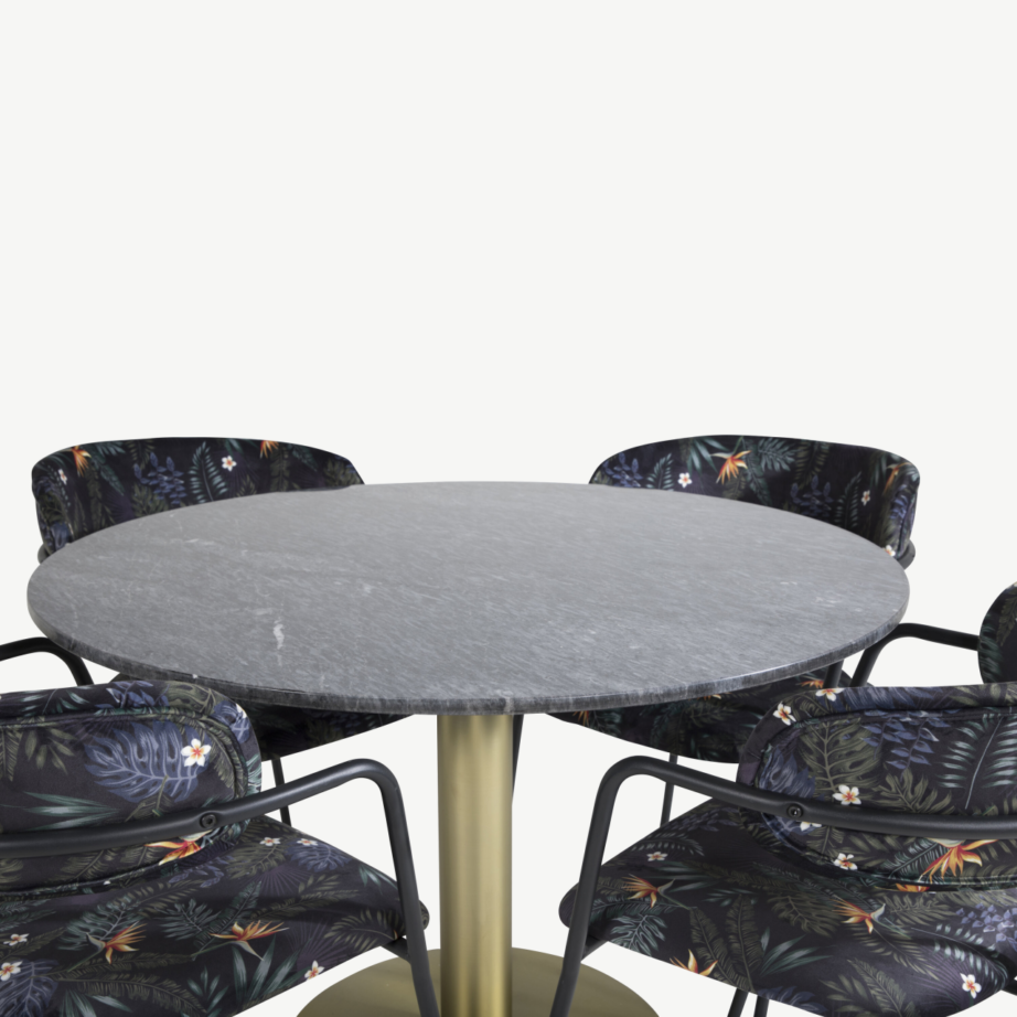 Estelle ümmarguse marmorlauaga söögilaud ja Arrow lillemustrilised toolid (komplekt 4 tk, tumehall/kuldne), GR20452 – 3