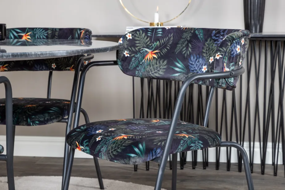 Estelle ümmarguse marmorlauaga söögilaud ja Arrow lillemustrilised toolid (komplekt 4 tk, tumehall/kuldne), GR20452 – 5