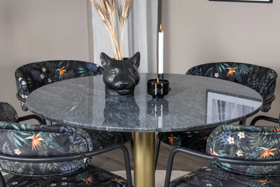 Estelle ümmarguse marmorlauaga söögilaud ja Arrow lillemustrilised toolid (komplekt 4 tk, tumehall/kuldne), GR20452 – 6