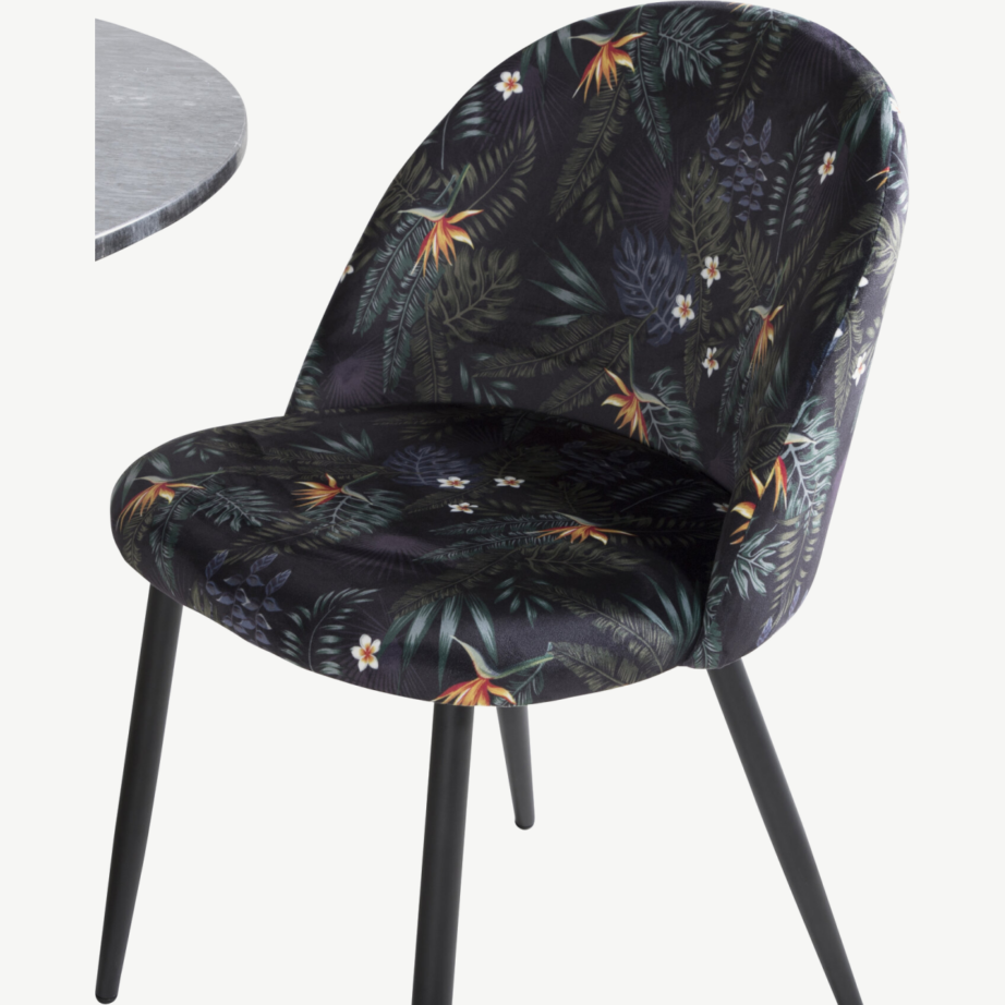 Estelle ümmargune marmorist söögilaud mustade lillemustriliste samettoolidega, GR20456 – 2