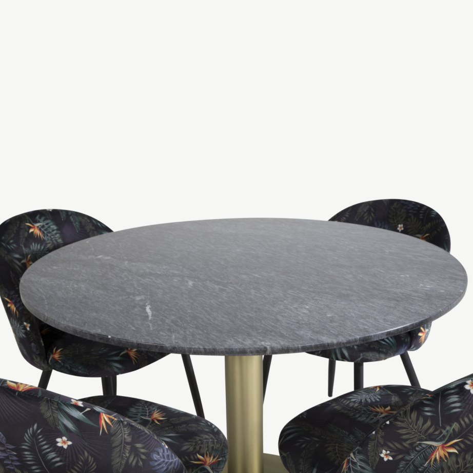 Estelle ümmargune marmorist söögilaud mustade lillemustriliste samettoolidega, GR20456 – 3